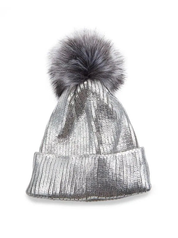 ADRIENNE hot LANDAU Metallic Knit & Faux Fur Pom-Pom Beanie