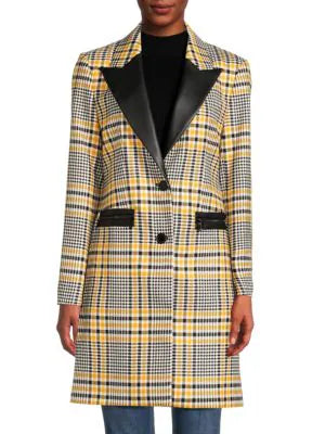 Karl Lagerfeld Paris Plaid Faux Leather Trim Overcoat