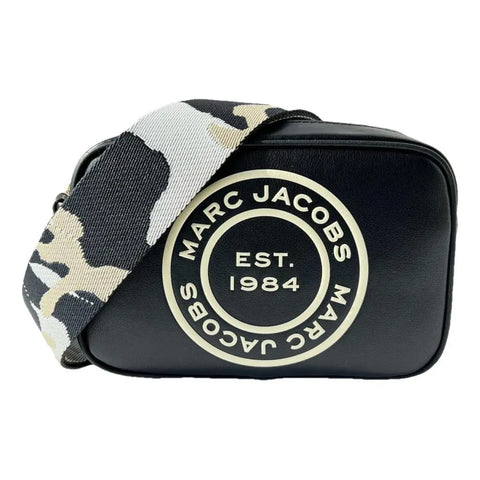 Marc Jacobs Signet Flash Black Smooth Leather Camo Strap Camera Crossbody Bag