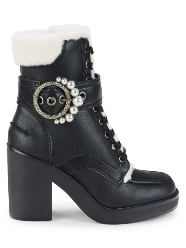 KARL LAGERFELD PARIS Dottie Faux Fur Block Heel Leather Booties