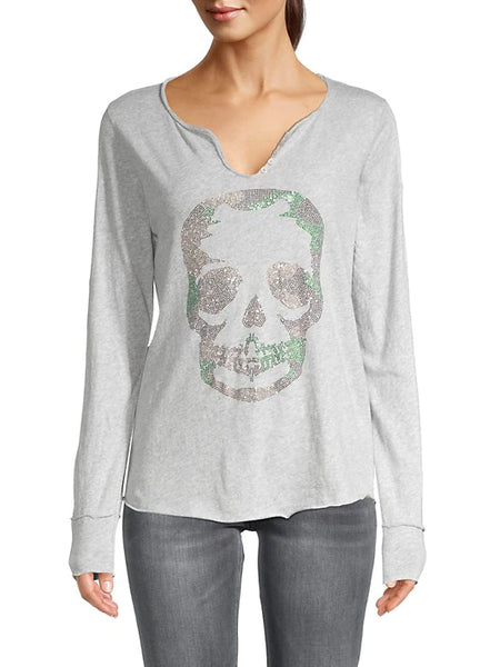 Zadig & Voltaire Tunisien Camo Strass Skull Henley - Grey